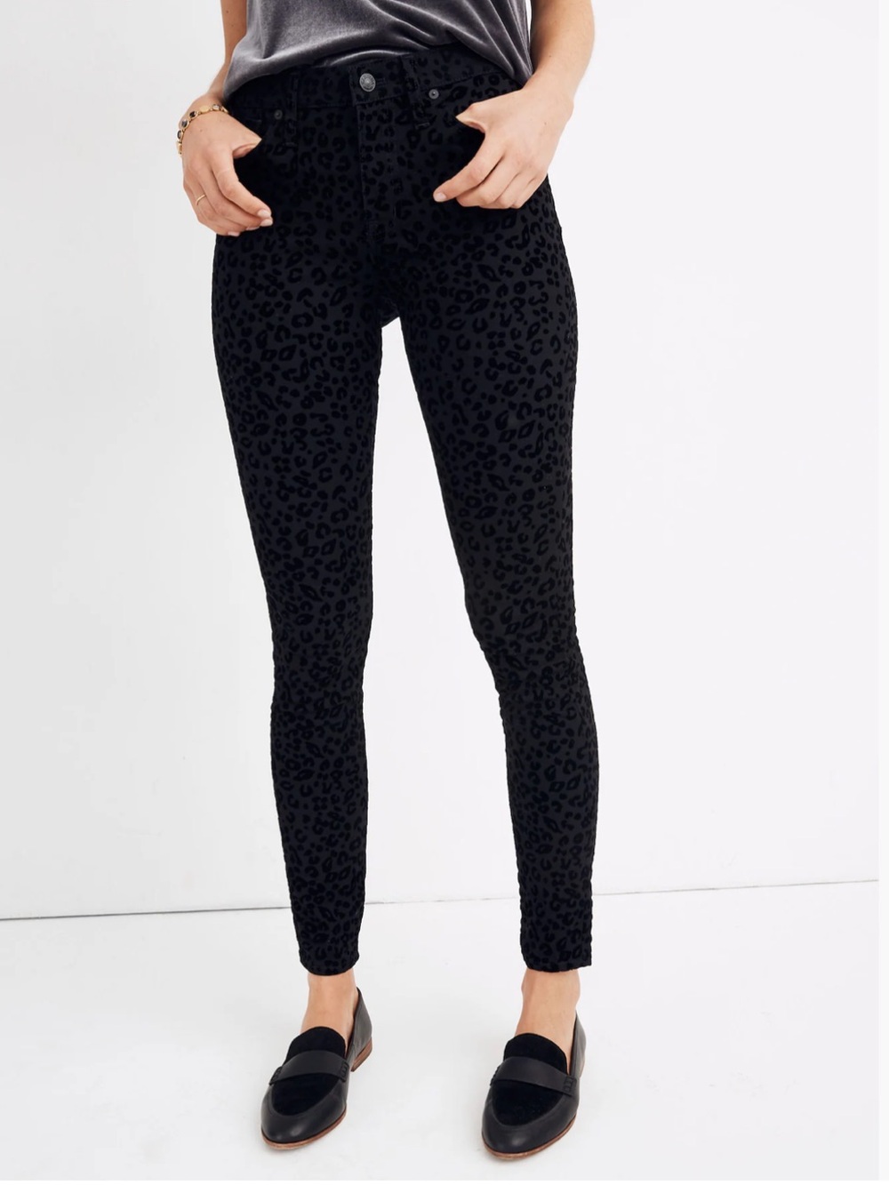 Madewell 9" Mid Rise Skinny Jeans Flocked Leopard Black Velvet Animal Print